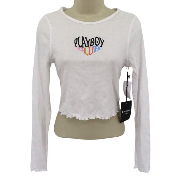 Pacsun Playboy Club Womens Small Ruffle Hem Long Sleeve Crop Tee T Shirt Top NEW - Picture 1 of 13